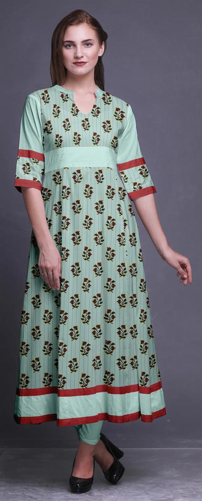 Bimba Gold Leaves & Peony Floral Printed Womens AnarkaliA  KurtiA  Kurta Flared Maxi Blouse