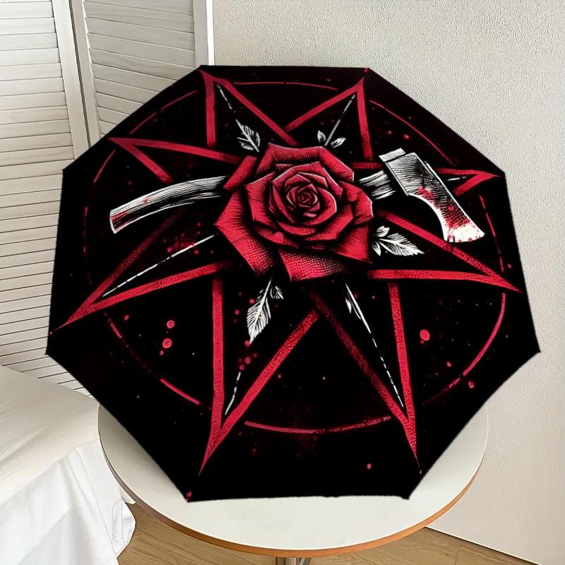 

1pc Red Rose Pentagram Axe Symbol Umbrella with Plastic Handle,Suitable for All Seasons Home Travel Outdoor UmbrellaDD1025