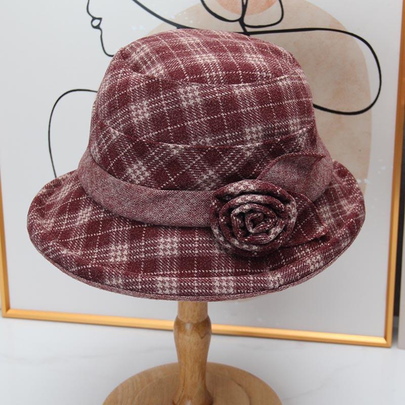 Autumn and winter plaid flower pot hat women's retro woolen top hat middle-aged old mother old woman versatile warm bucket hat