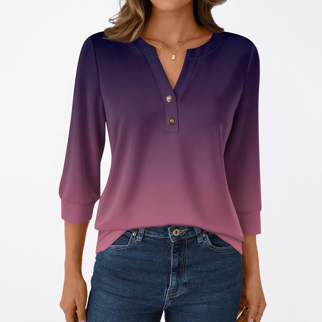 Women's Fashion Casual 3/4 Sleeve T-Shirt Prints V-Neck Button Top