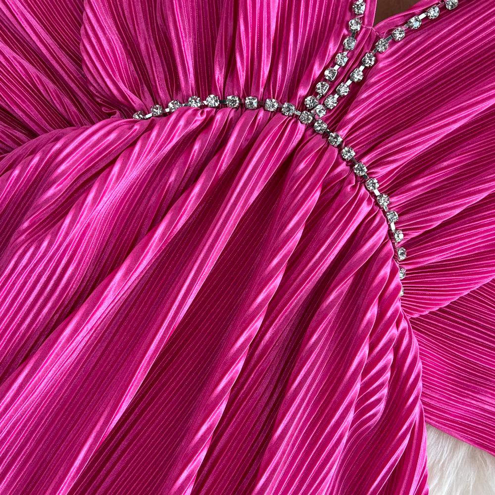 High-end Sexy Temperament Lose Design V-ausschnitt Open-back Taille Fledermaus-ärmel Plissee Kleid Sommer