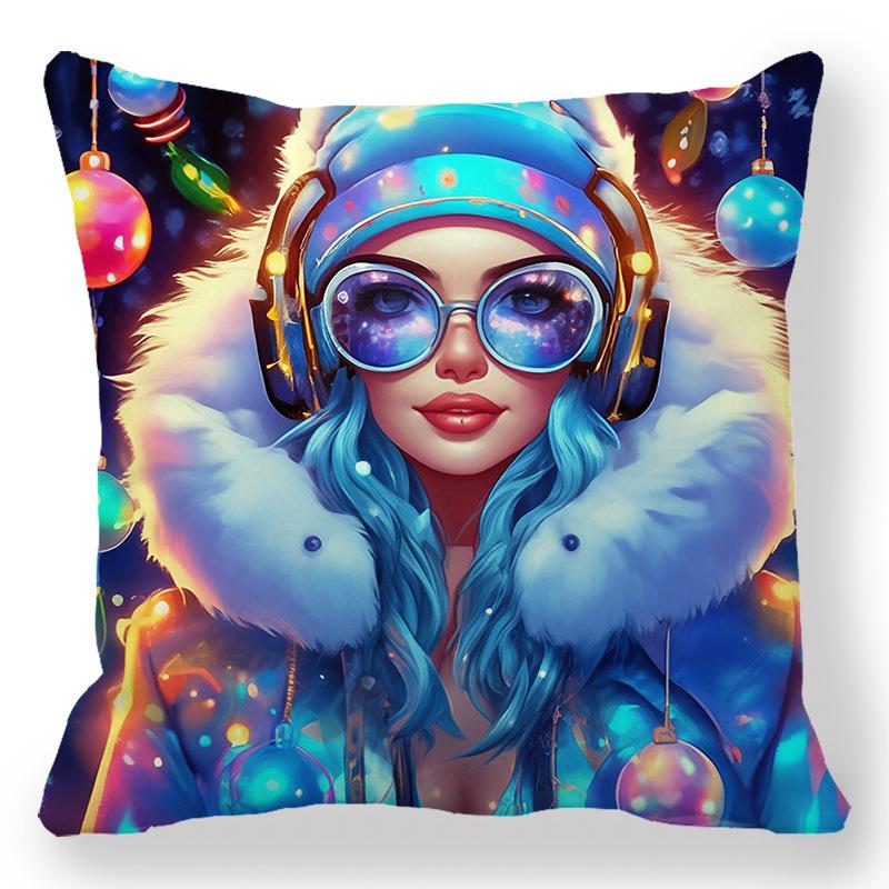 Christmas Cartoon Oil Painting Theme Digital Printing Short Plush Pillow Covers For Car Sofa Office Cushion Cover Home Goods