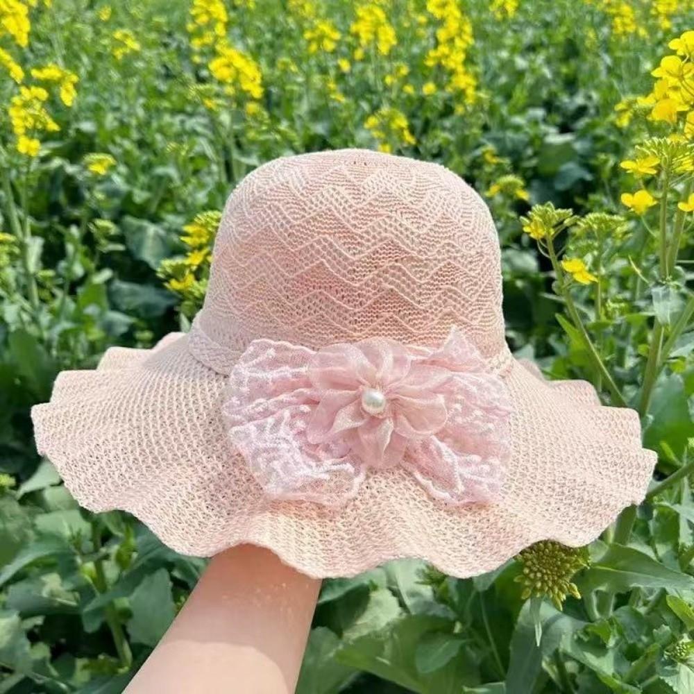Lace Bow Wide Brim Knitted Hat Solid Color Beach Sun Hat Fashion UV Protection Cap  Travel