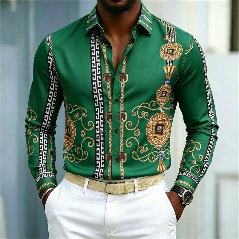 New Men's Shirt Palace Style Shirt Black Gold Pattern Printed Slimming Long Sleeve Shirt Trendy Fashion Casual Men's Wear