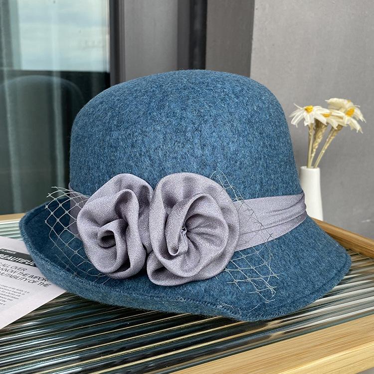 Autumn And Winter Satin Flower Woolen Hat Women'S Dome Curled Top Hat Women'S British Retro Bucket Hat