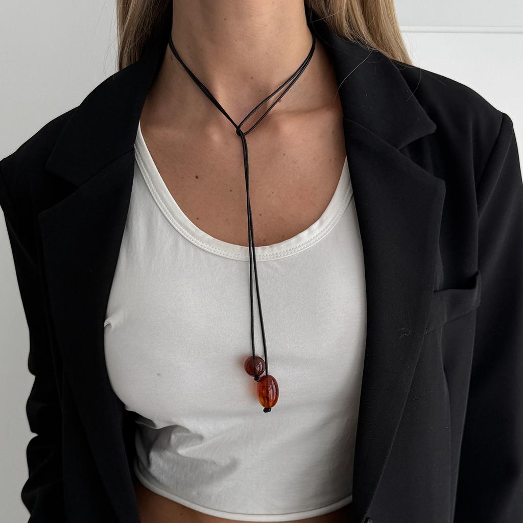 Simple Smudged Resin Beaded Pendant Necklace, Personalized Leather Wax Thread Wrapped Sweater Chain Necklace