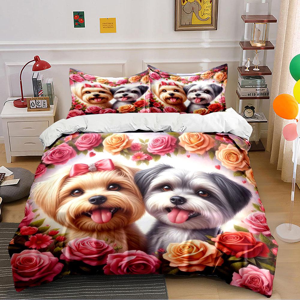 Cute Dogs with Roses Pattern Bedding Duvet Cover Set (1*Duvet Cover 2*Pillowcases, Without Duvet Insert)
