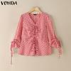 VONDA Women Summer V Neck Long Sleeve Drawstring Ruffled Plaid Casual Blouse