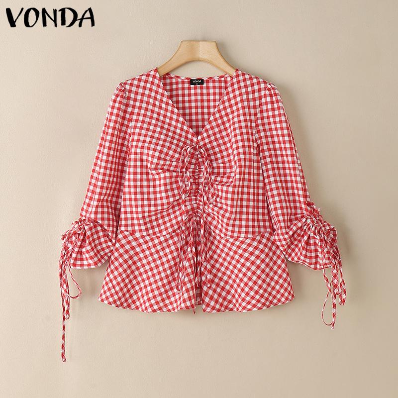 VONDA Women Summer V Neck Long Sleeve Drawstring Ruffled Plaid Casual Blouse
