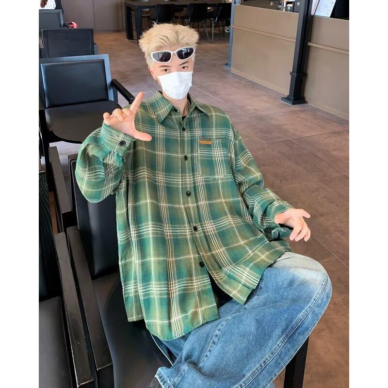 JUMPNEXT Trendy Brushed Plaid Shirt Unisex Spring Vintage American Style Loose Long Sleeve Shirt Couple Jacket