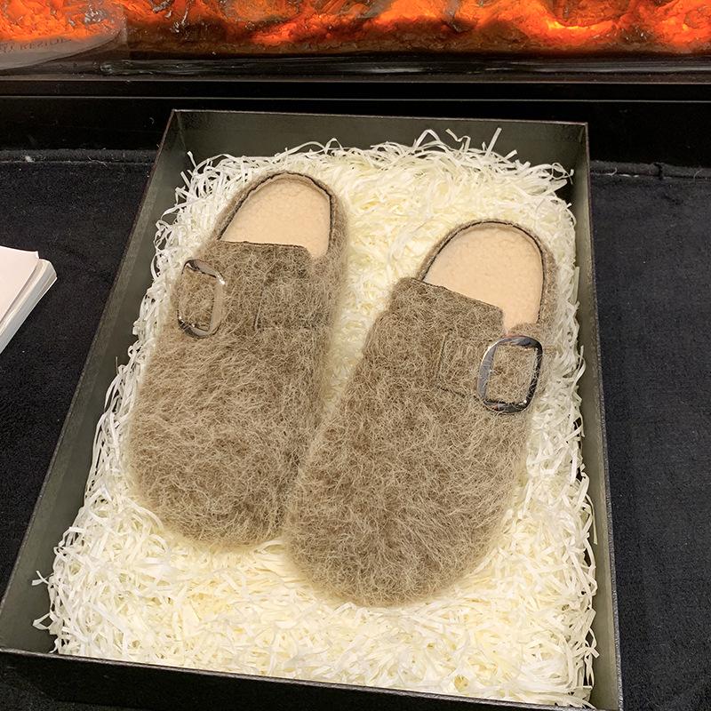 

Ретро фетровые толстоподошвенные тапочки-полусапожки с закрытым носком, женская уличная обувь, осень-зима 2025, новые бархатные высококлассные хлопковые тапочки Мюли 40