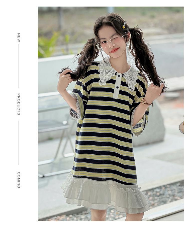 Girls' dress summer 2026 new children's striped summer dress, mid size children's half skirt, girls' T-shirt dress trend