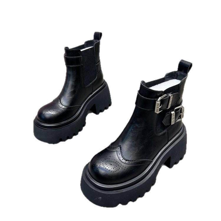 Cowhide Version~ Martin Boots Women's British Style Autumn and Winter Versatile Engraved Buckle Foot Short Boots Thick Heel Thick-soled Cigarette Boot