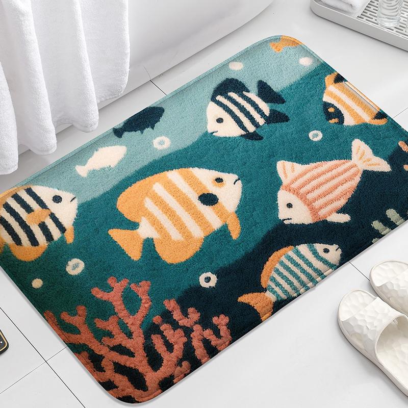 Wave Seahorse Pattern Bathroom Door Mat, Water Absorbent Small Carpet, Toilet Seat Mat, Decorative Floor Mat, Machine Washable