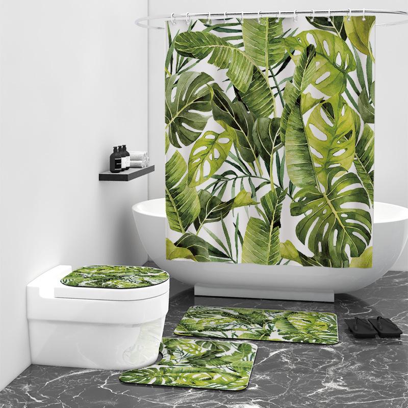 Tropical Palm Leaf Digital Printing Shower Curtain Bathroom Non-Punching Partition Curtain