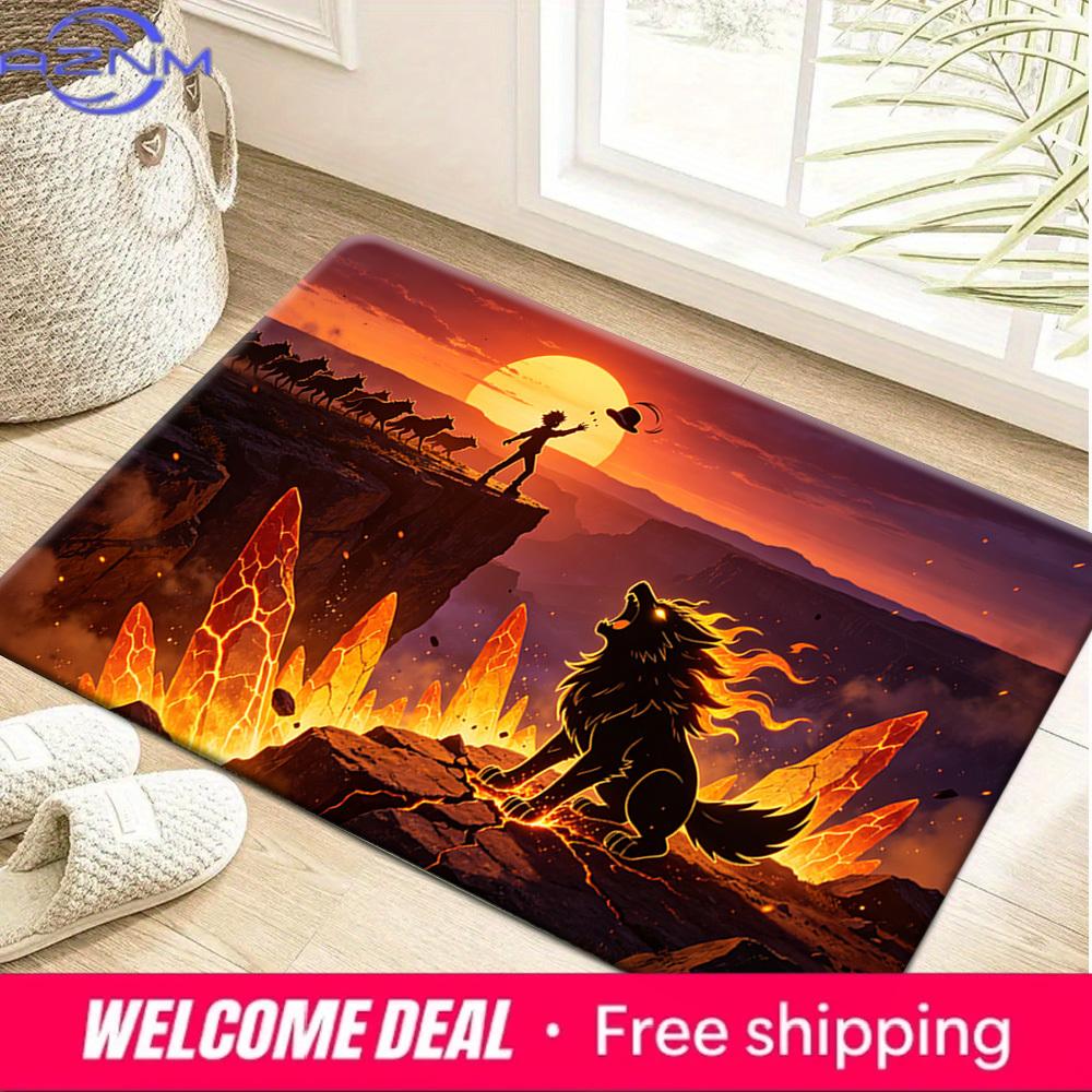 Ash Ketchum and Flaming Lion Pokemon Lava Sunset Print Non-Slip Doormat Soft Floor Mat 40x60cm