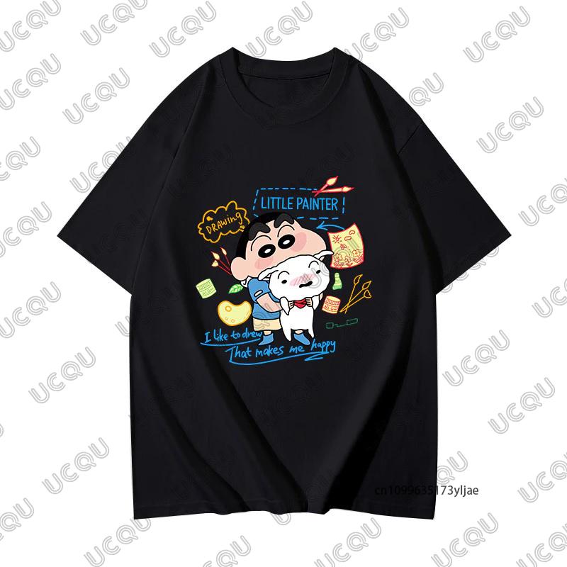 MINISO Summer Cute Cartoon Crayon Shin-chan & Sakurada Nini Print Couple T-shirt For Men Women Cotton Tees Casual Fashion Tops