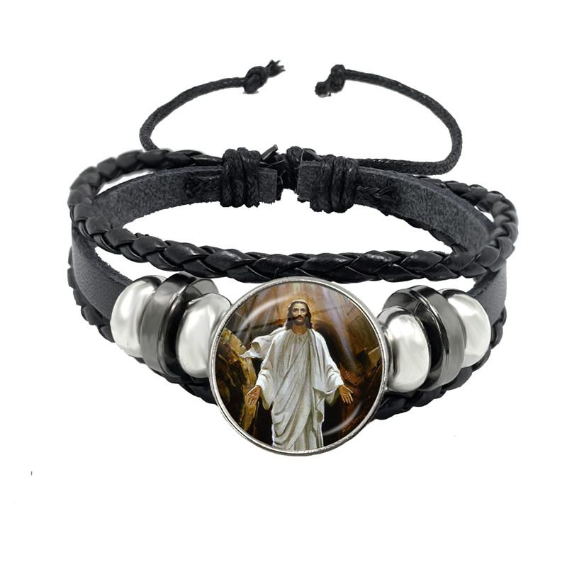 Virgin Mary Baby Jesus Christian Catholicism Jewelry Black Button Leather Bracelet Blessed Mother Religious Glass Cabochon Gift