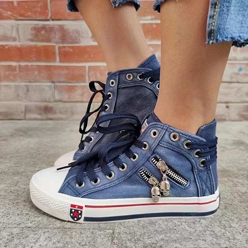 Scarpe alte in tela di jeans versione coreana da donna scarpe casual primavera e autunno nuove retrò taglie grandi scarpe da skate cerniera