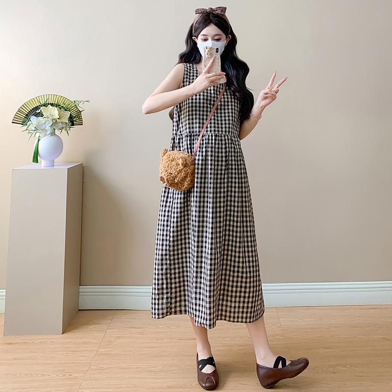 2026 Summer French Plaid Maternity Dress: Sweet Gentle Style M