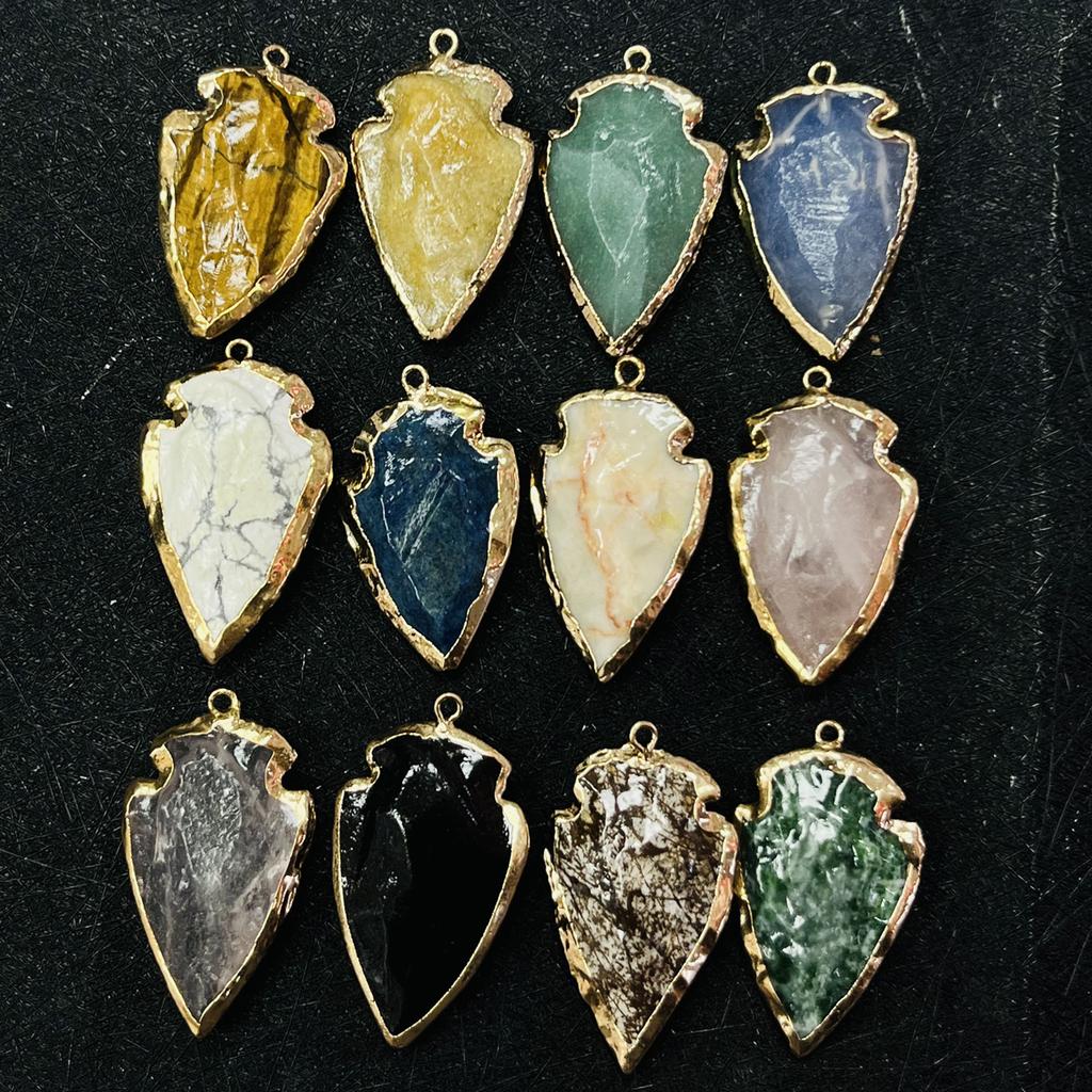 1Pc, Natural Stone Healing Crystal Arrow Pendant with Golden Edge, Boho Jewelry for Necklace Making & Daily Wear, 2026 Fashion Handmade Accessory