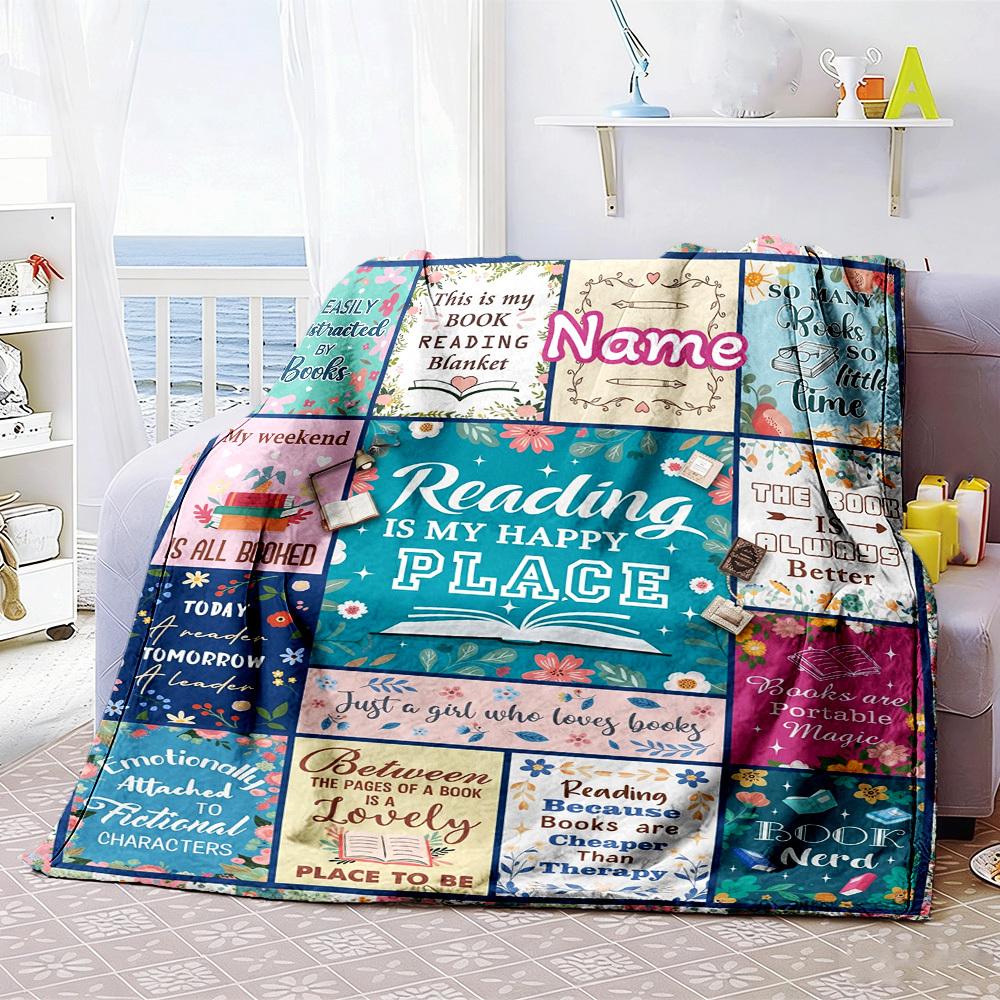 Reading Is My Happy Place Customize Your Name Home Blanket S Comfortable Soft Lightweight Allseason Multipurpose Blanket For Picnics Sofas Offices