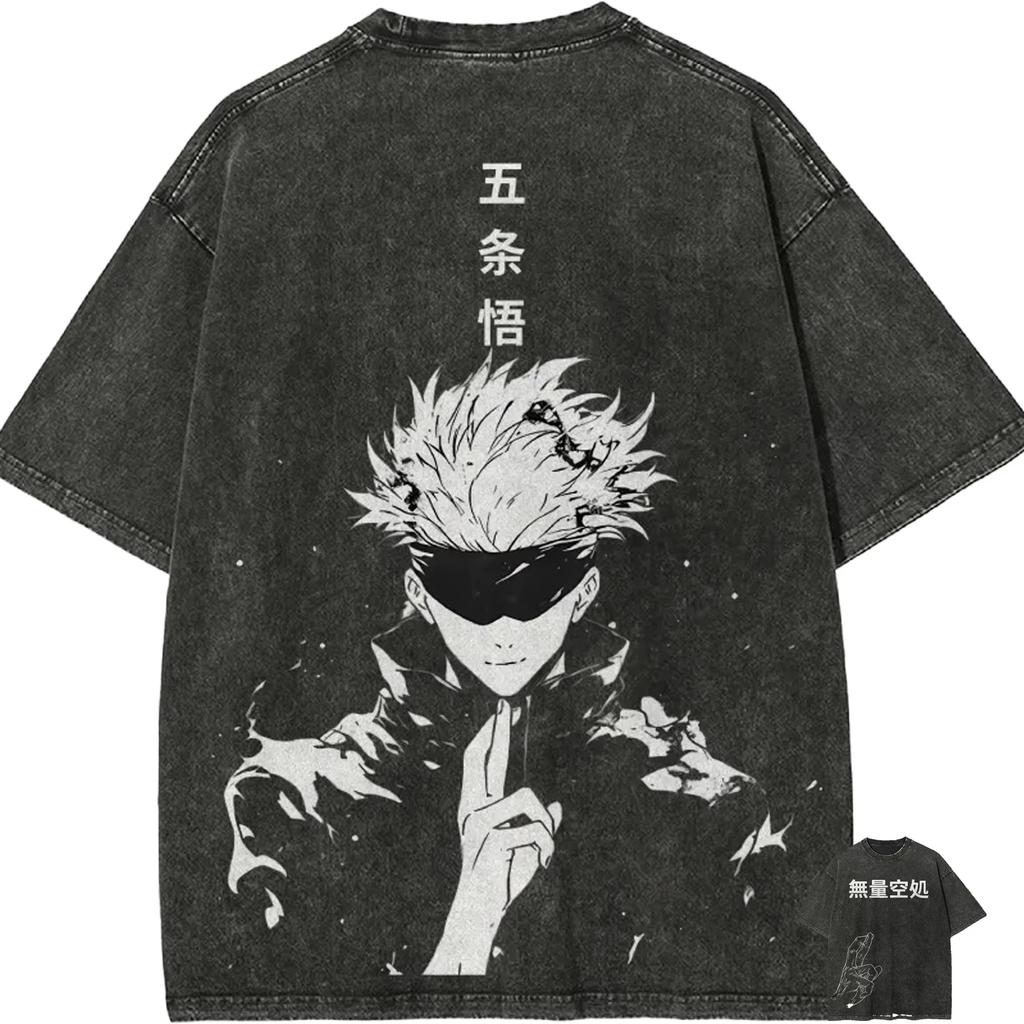 Gojo Satoru T Shirt Jujutsu Kaisen Anime Clothes Vintage Acid Wash Tees Breathable Cotton Hip Hop Streetwear Men Tops