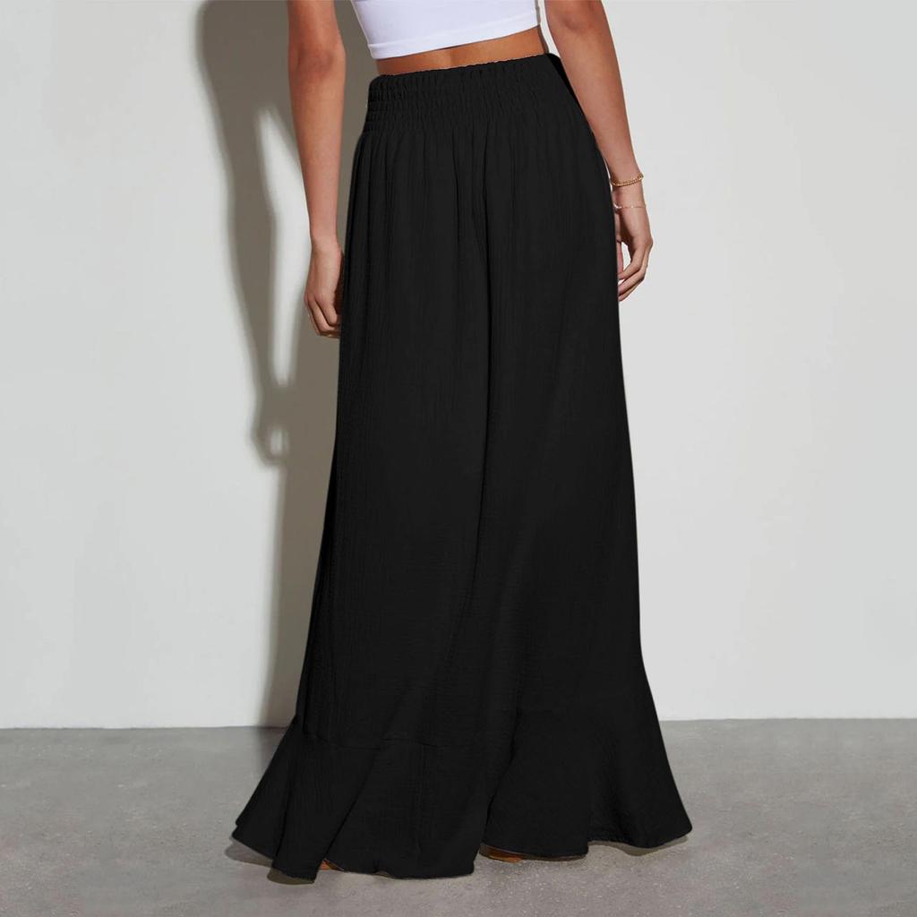 Women's Elastic Waist Tie Button Maxi Dress Casual Loose Flowy Front Slit Skirt