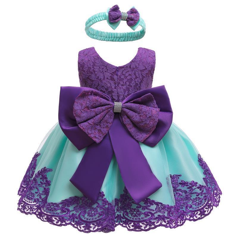 Children's Lace Color Block Birthday Bow Dress