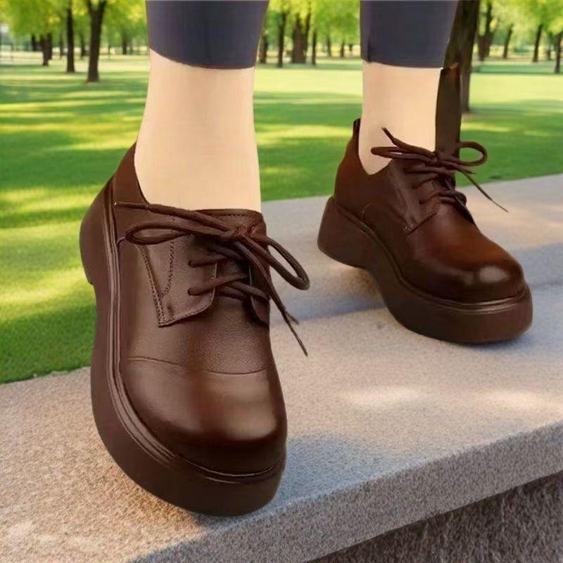 2025 Spring, Summer and Autumn New Lace-up Single Shoes Soft Leather Muffin Thick-soled British Style Round Head Women's Shoes Soft-soled Casual Shoes