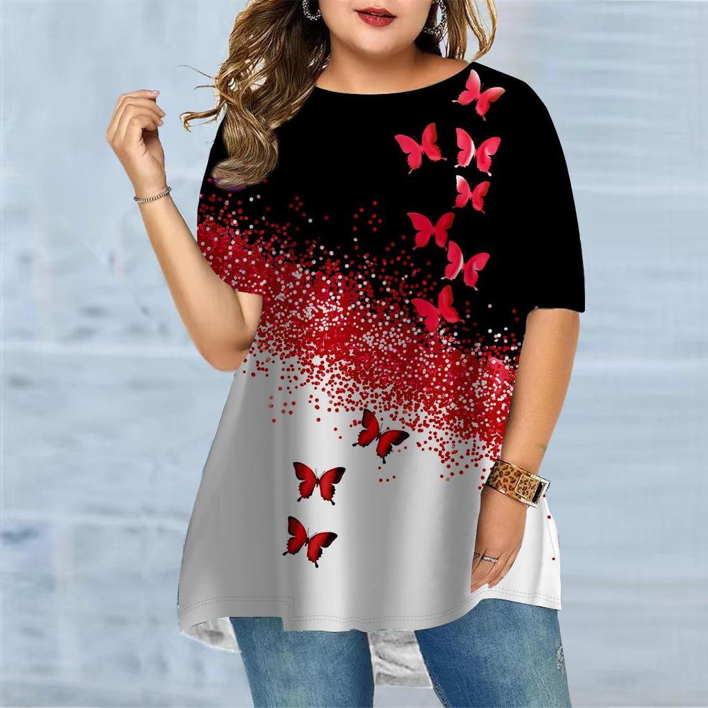 Ladies Summer Colorful Flower Butterfly Printed Large Loose Casual T-shirt Fashionable Comfortable Soft Breathable Short Sleeved T-shirt