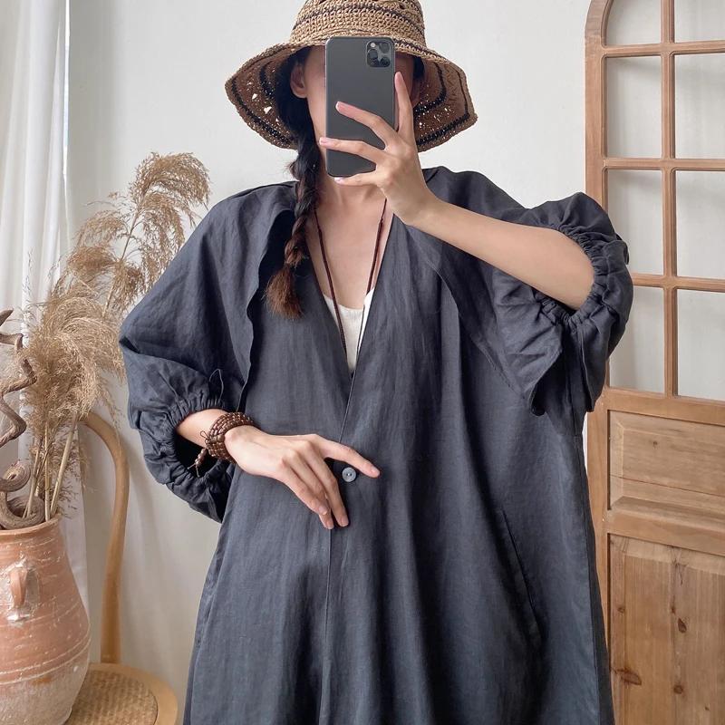 Johnature Long Vintage Casual V-neck Single Button Loose Slits All Match Women Coats
