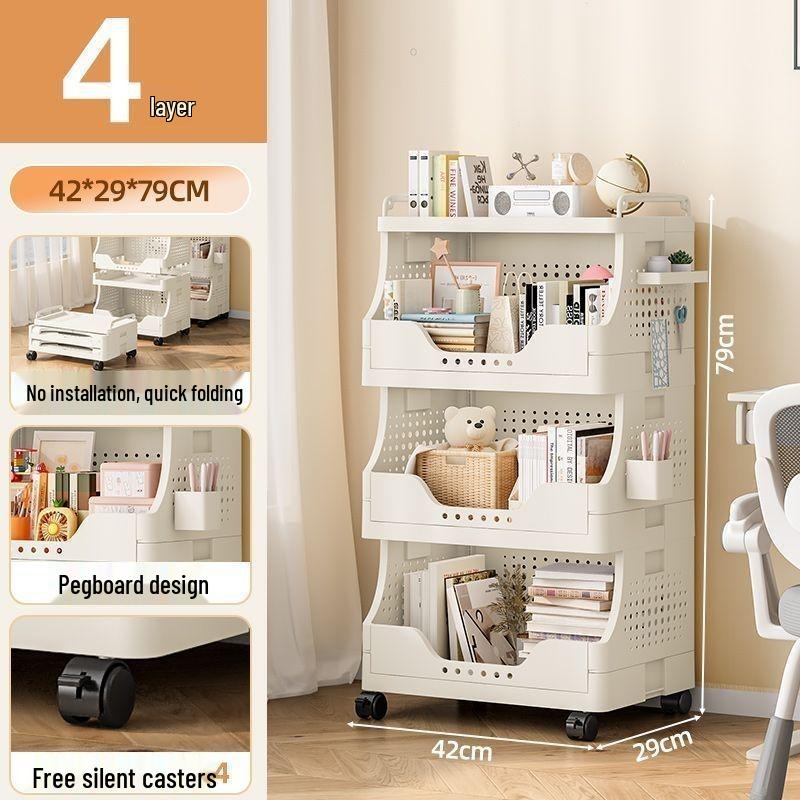Foldable Pegboard Storage Rack - No Assembly, Small Trolley Bookshelf for Home, Floor, & Snack Storage