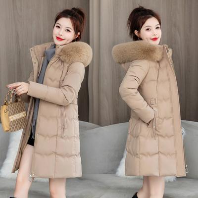 Big Fur Collar New Long Hooded Slim Cotton-padded Clothes Waist Rope Slimming Large Size Thickened Cotton Clothes Women's Trend