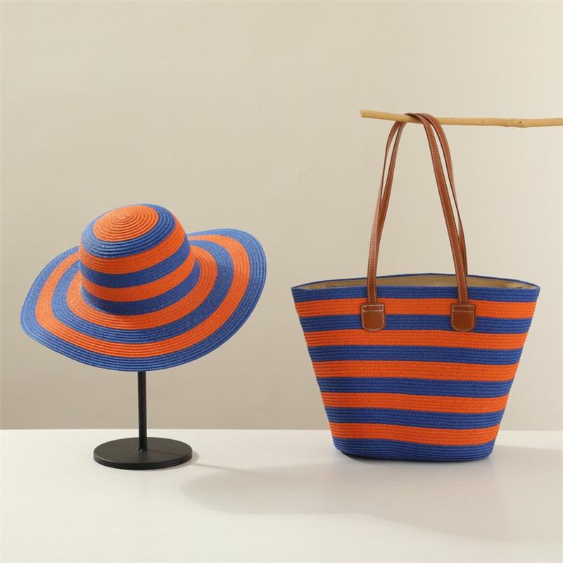 Woven Sun Hat And Large Capacity Straw Tote With Striped Pattern For Travel And Casual Wear