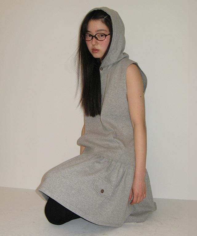 RONRON Vestito Felpa con Cappuccio Senza Maniche a Strati Grigio