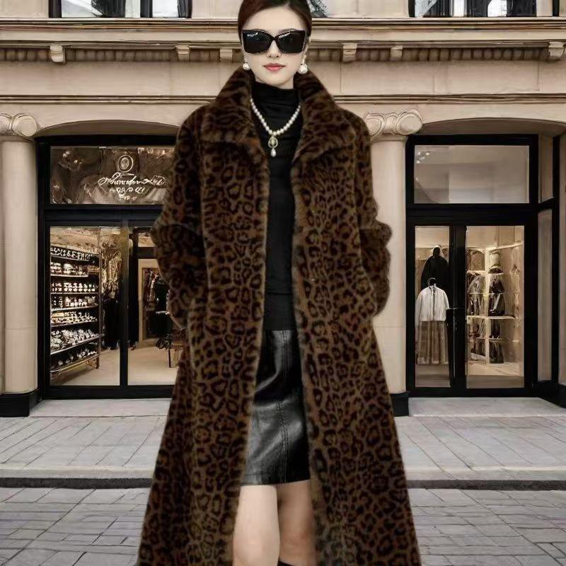 Long Leopard Print Winter Fur Integrated Coat Fluff New Thickened Knee Imitation Fur Fashion Warm
