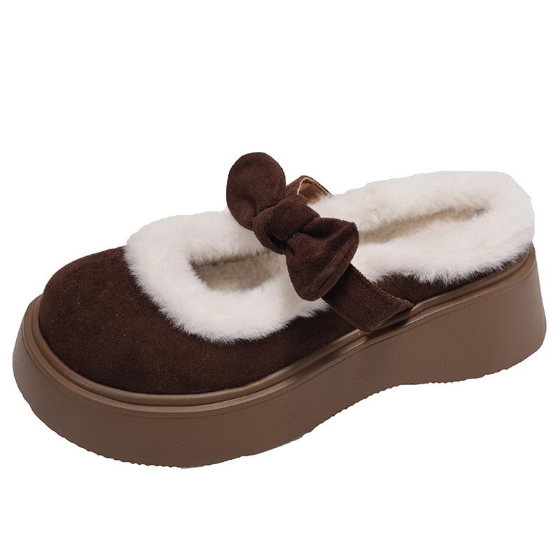 Cute bow cotton slippers women's shoes outer wear 2025 autumn and winter home thick-soled velvet warm stepping shit cotton shoes