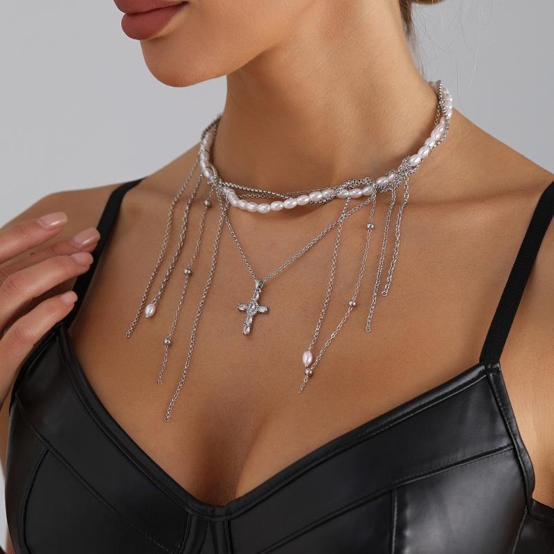 Stylish Faux Pearls Dangle Tassels Necklace Crucifix Pendant Trendy Clavicle Chain Accessory For Casual or Formal Outfits