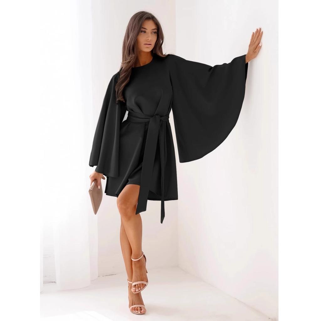 New, Autumn Fashion Solid Color Crew Neck Flared Sleeve Waist Dress Women