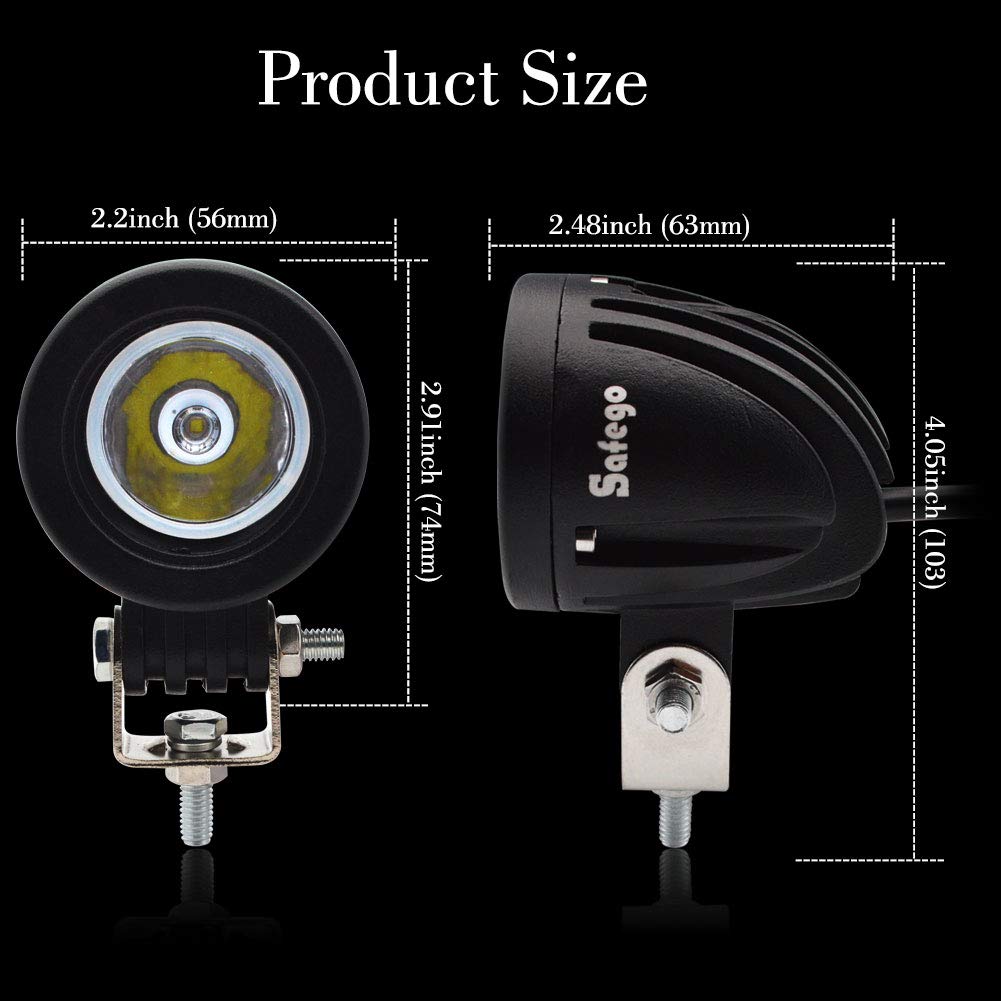 LED Work Light 10W Motorcycle Fog Lamp - 12V/24V Compatible, Compact, Waterproof IP67, Safego, Narrow Beam, Round, White, 6000K, Auxiliary Light, Mini