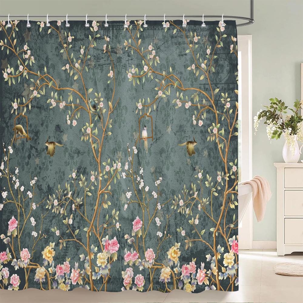 Chinese Style Flower and Birds Tree Shower Curtains Bath Curtain Waterproof Bathroom Decor With Hooks 3d Printing Bath Curtain