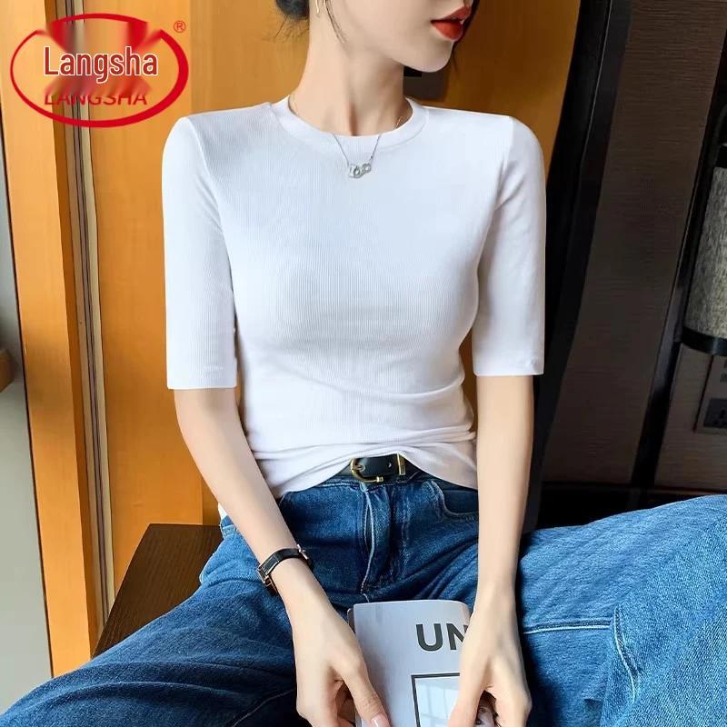 Langsha Women s Premium Round Neck Mid-Sleeve T-Shirt L белый