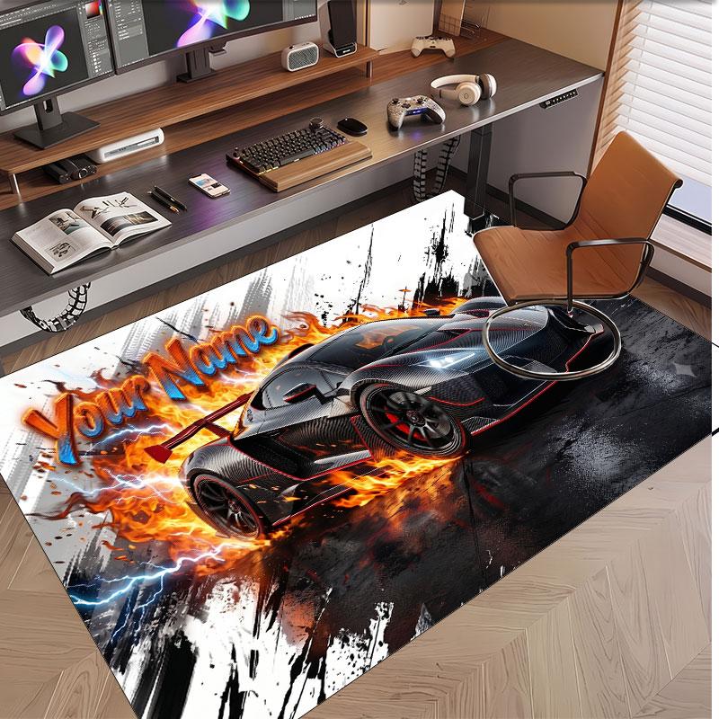 Car Racing Theme Soft Crystal Velvet Rug Custom Name & Text Print Non Slip Floor Rug for Bedroom Living Room