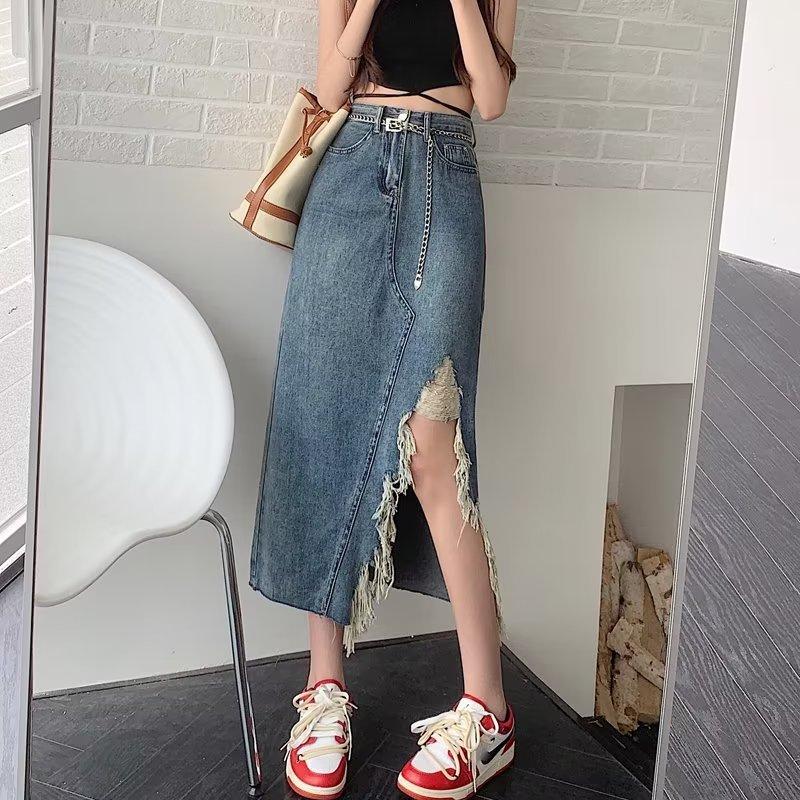 Large Size Irregular Retro Open Fork Denim Half-body Skirt Woman Summer Thin Medium-length Package Hip A Word Skirt
