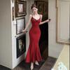 Sexy royal sister wind lace suspender V-neck dress women's summer temperament tight dress hip fish tail dress