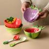 Ceramic Fruit Salad Bowl with Spoon Cartoon Vegetable Tableware Eating Rice Bowl Serving Strawberry Bowl Noodle Bowls 300ml
