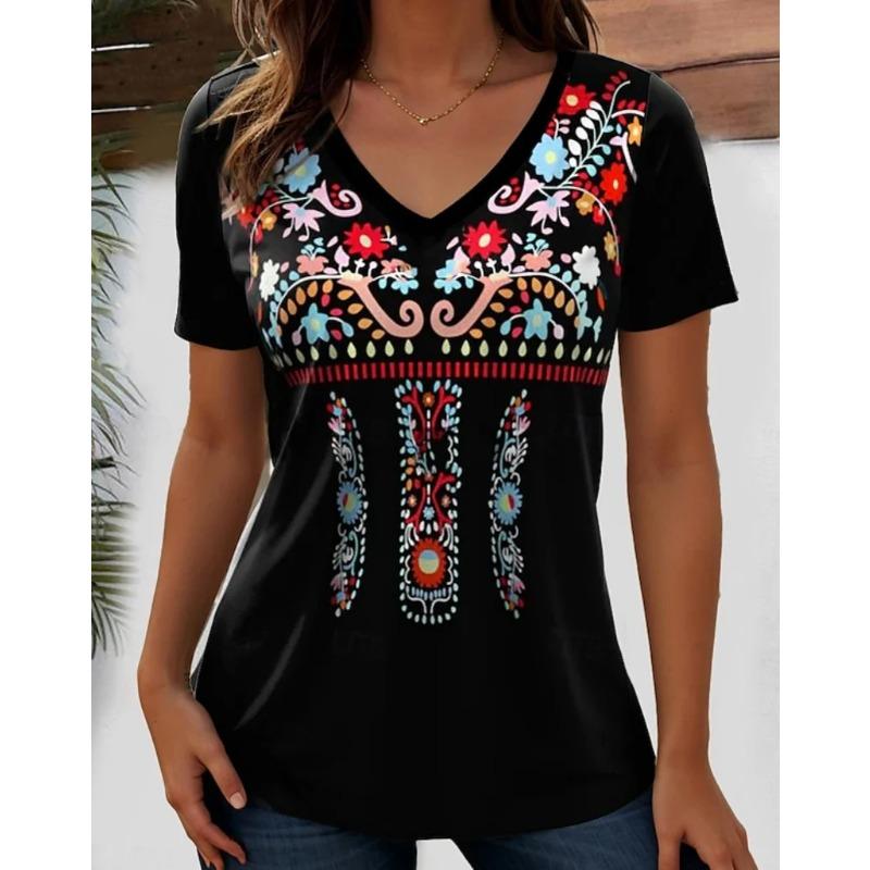 Summer V-neck 3D Retro Printed Top Fashionable Casual Short Sleeved Women's T-shirts