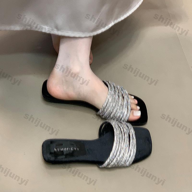 Women's One Word Slippers Summer New Outdoor Rhinestone Square Toe Sandals Luxury Comfortable Lightweight Casual Shoes