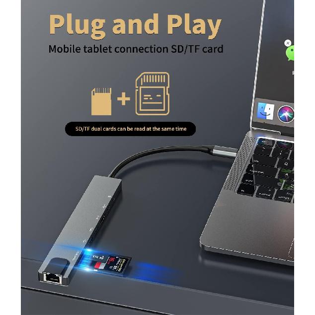 USB C to HDMI,Ethernet,USB A,Type-c,TF Micro SD Card Reade(8in1) Dual Monitor for TV Display Dongle Adapter Docking Station Hub Laptop Extender